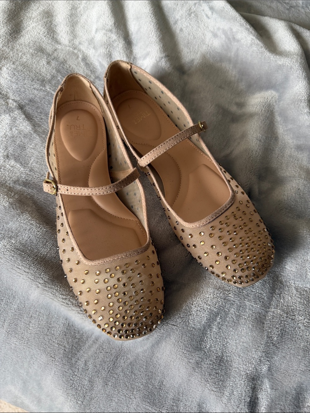 Time and Tru Nude/Tan Studded Mary Jane Flats Worn Once